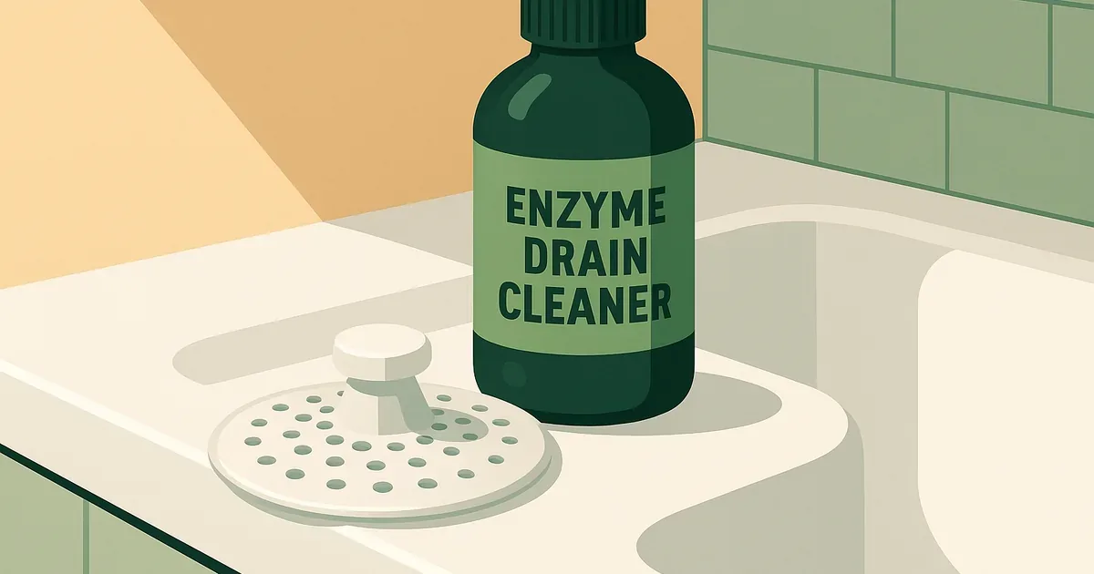 Silicone drain hair catcher next to enzyme drain cleaner bottle