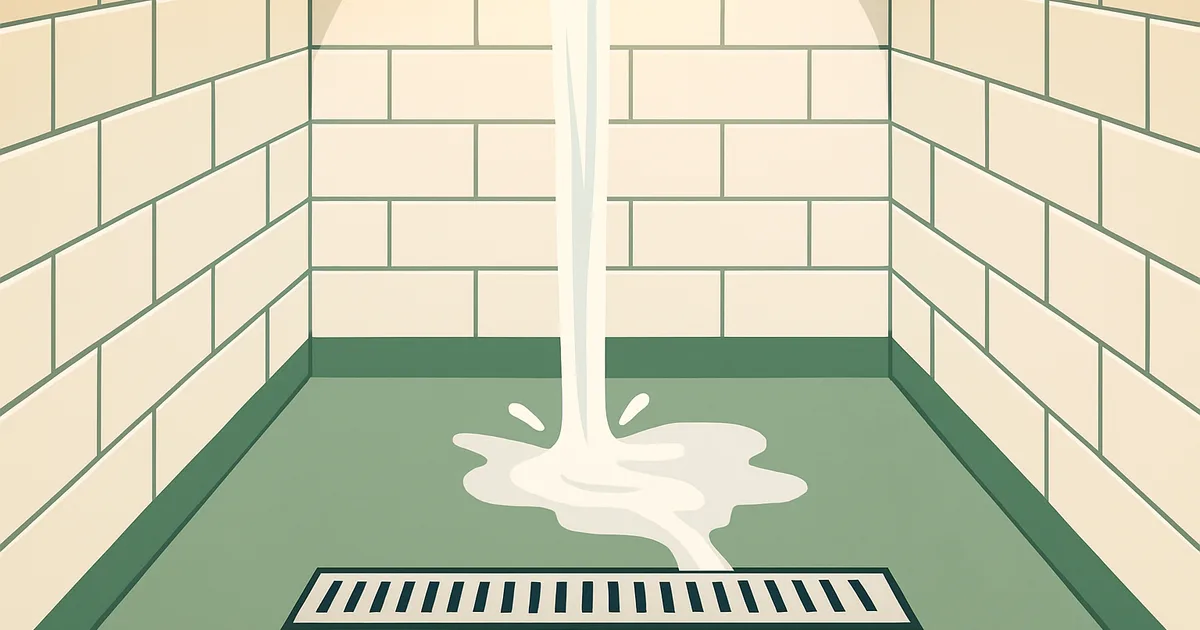 Clean shower drain with water flowing freely in a bright modern bathroom