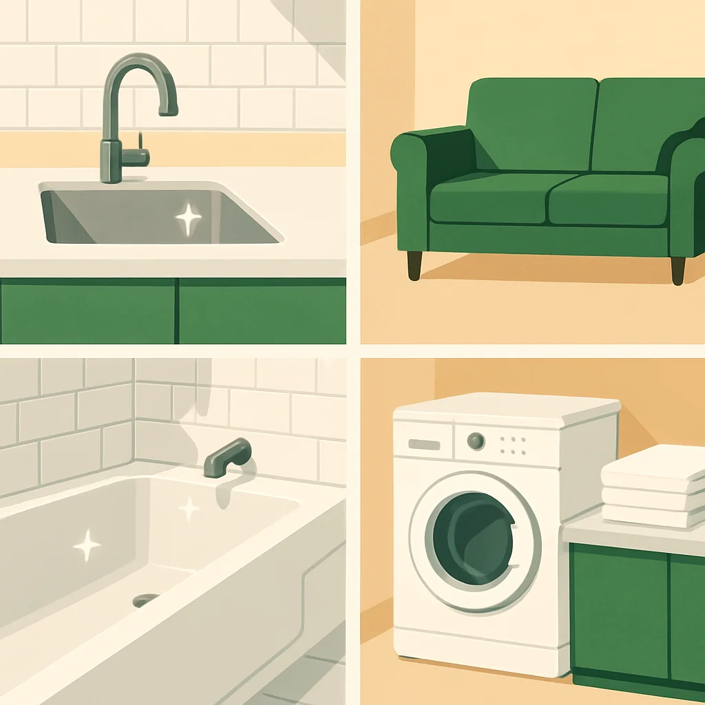 Bright clean home with a happy dog on fresh carpet and sparkling kitchen in the background