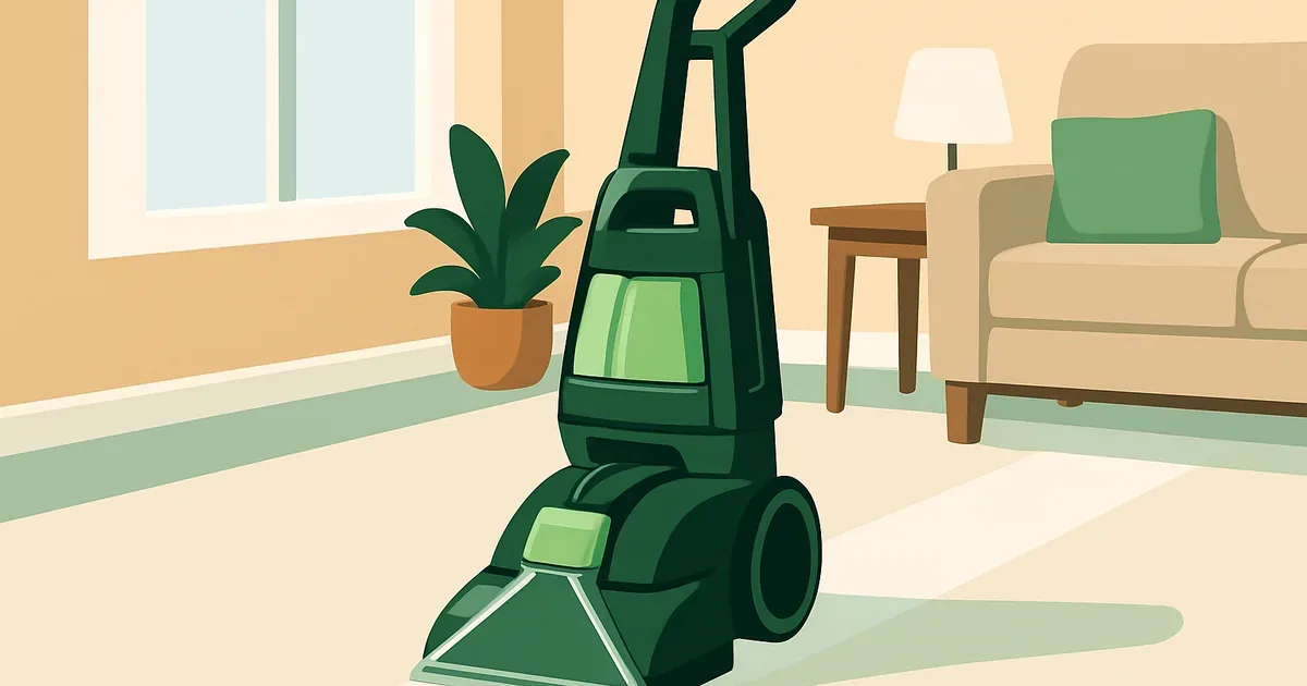 Carpet cleaning machine on a freshly treated carpet section in a bright living room