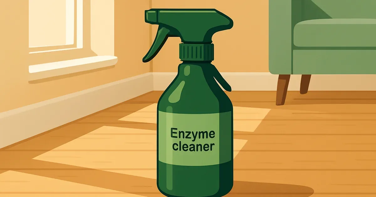 Enzyme cleaner spray bottle on a clean hardwood floor in natural light