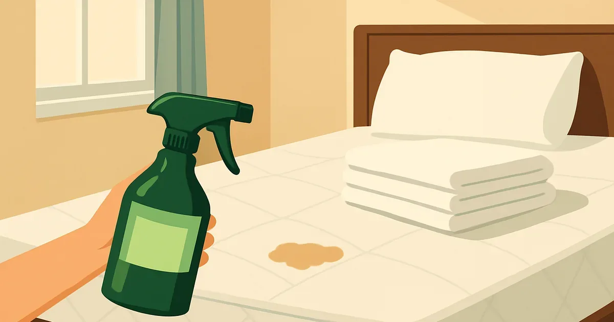 Spot-treating a mattress stain with enzyme cleaner spray in a clean bedroom