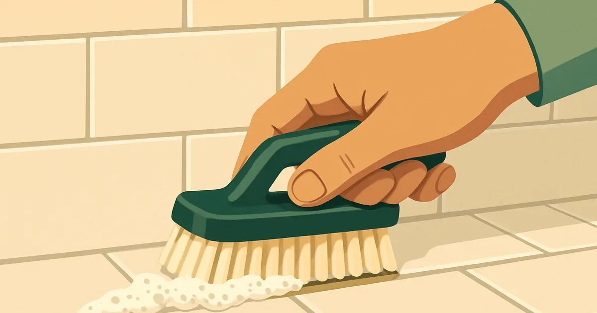 Scrubbing grout lines with a brush and enzyme cleaning solution
