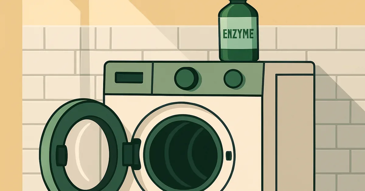 Front-load washer with enzyme cleaner bottle in a bright laundry room