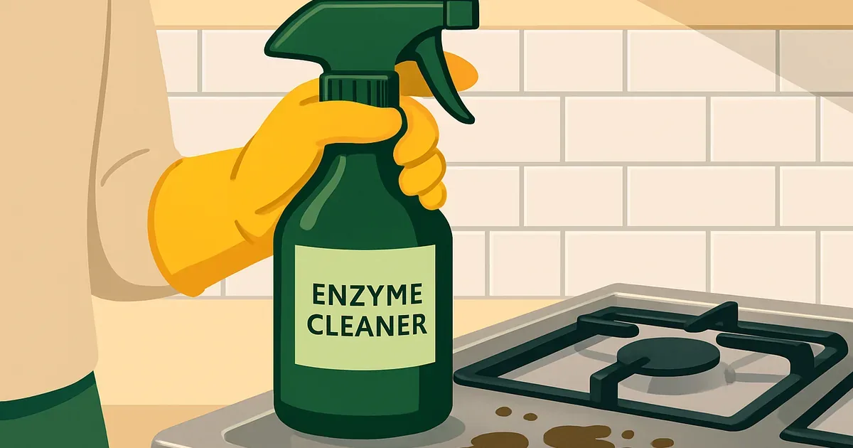 Enzyme cleaner being sprayed on a greasy stovetop surface