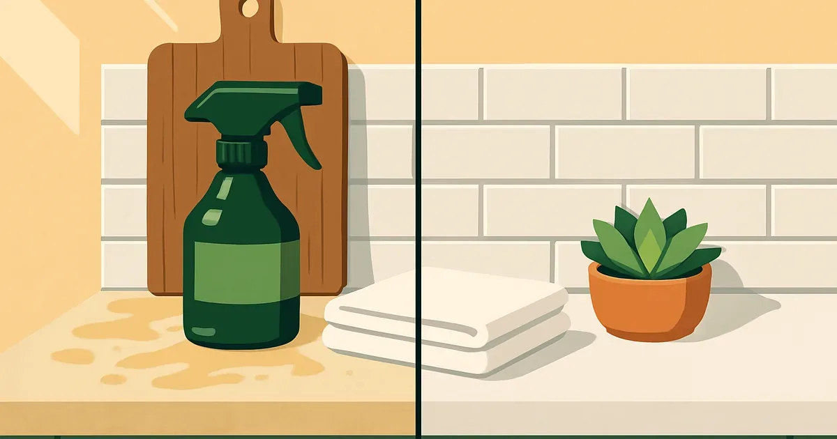 Before and after enzyme cleaner grease removal on a kitchen countertop