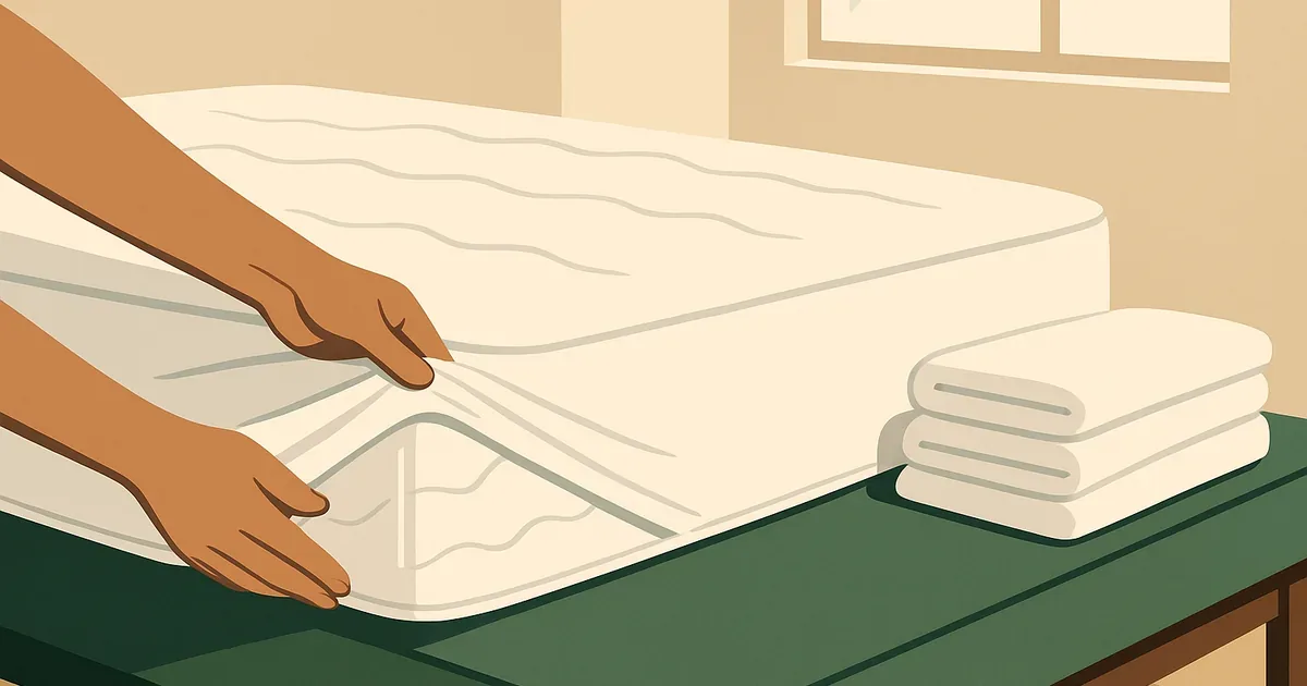 Waterproof mattress protector being placed on a bed for stain prevention