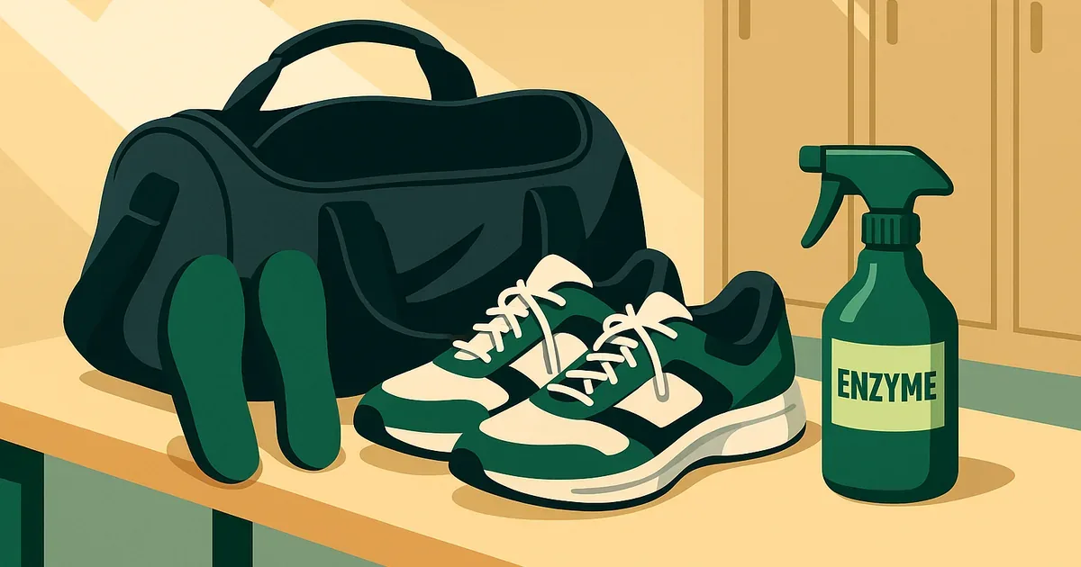 Open gym bag and shoes with insoles removed being treated with enzyme spray