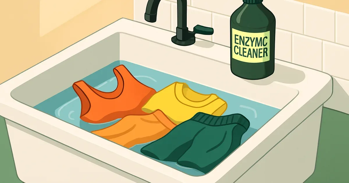 Workout clothes soaking in enzyme cleaner solution in a utility basin