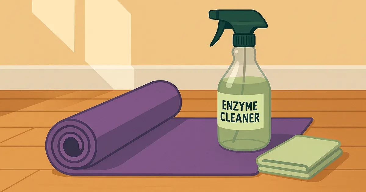 Yoga mat being sprayed with enzyme cleaner, cloth nearby for wiping