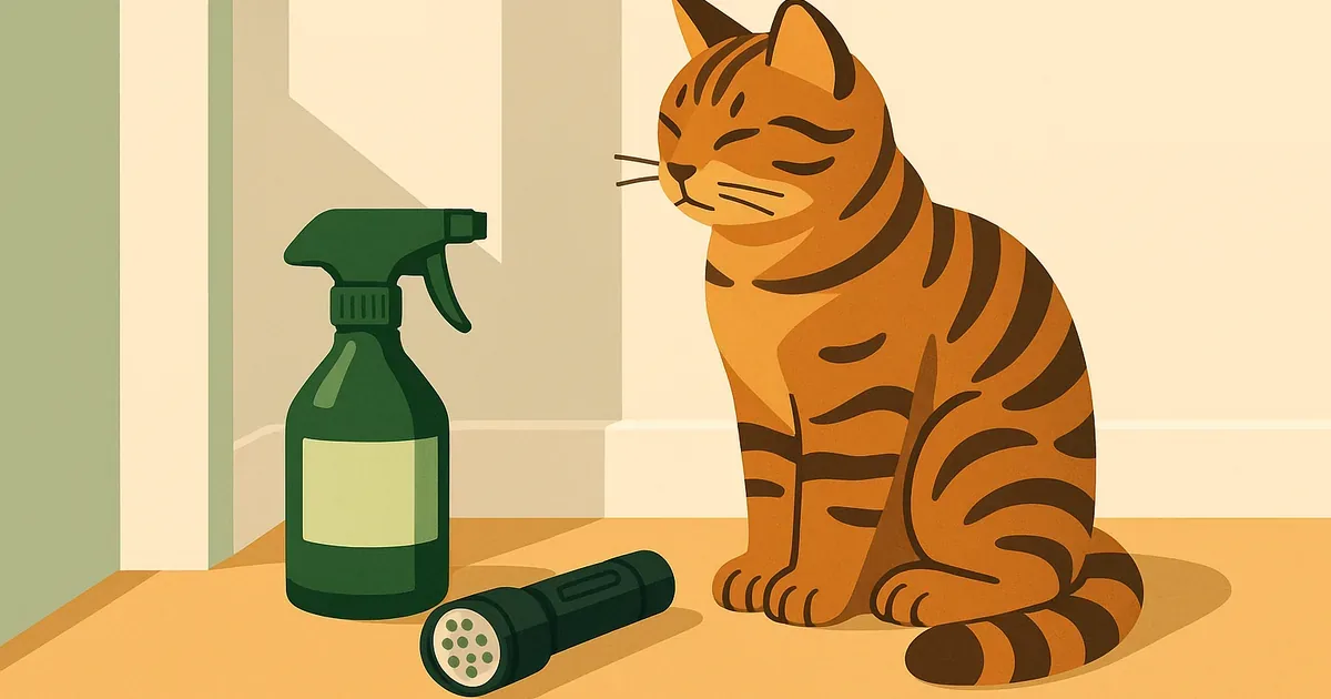 Cat near a wall with enzyme cleaner spray and UV blacklight flashlight