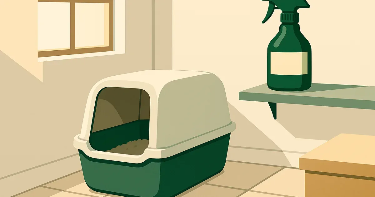Clean litter box in a well-ventilated room with enzyme cleaner spray nearby