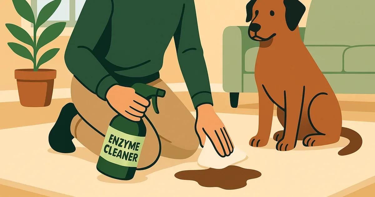 Treating a carpet stain with enzyme cleaner while a dog sits nearby