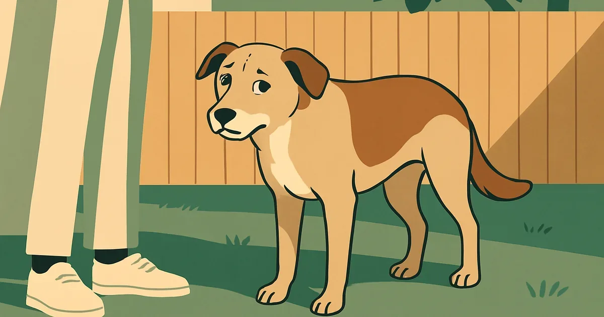 Dog in backyard looking sheepish after a skunk encounter