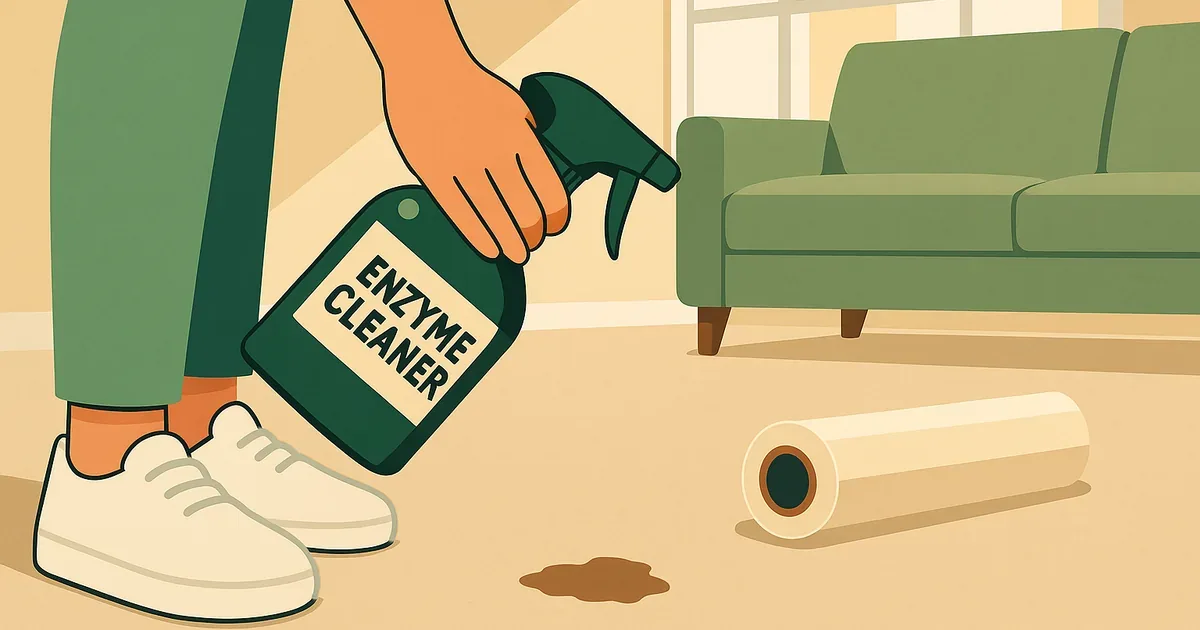 Enzyme cleaner sprayed onto a carpet stain with plastic wrap nearby