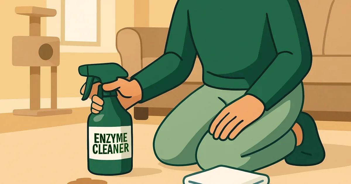 Cat owner cleaning a carpet stain with enzyme cleaner in a modern home