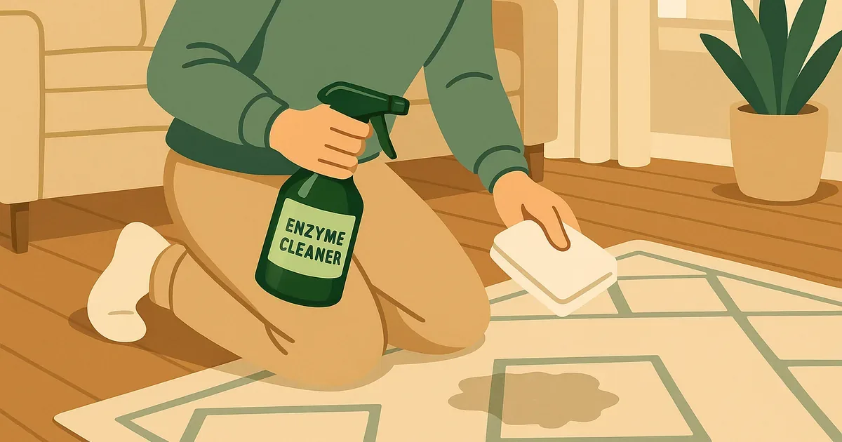 Person treating a pet stain on an area rug with enzyme cleaner spray