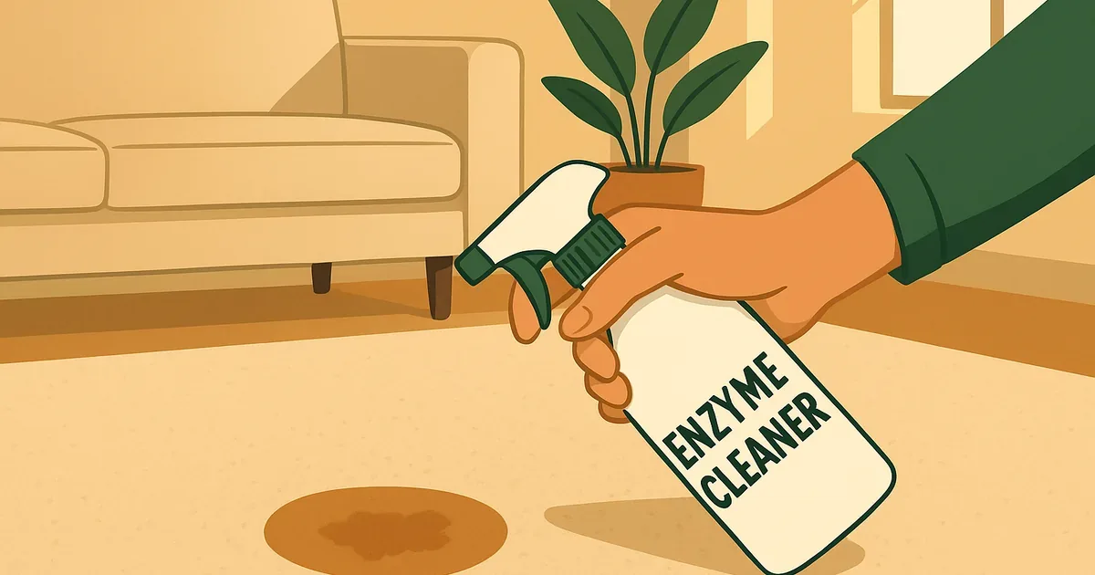 Enzyme cleaner being sprayed on carpet stain in a bright, well-lit room