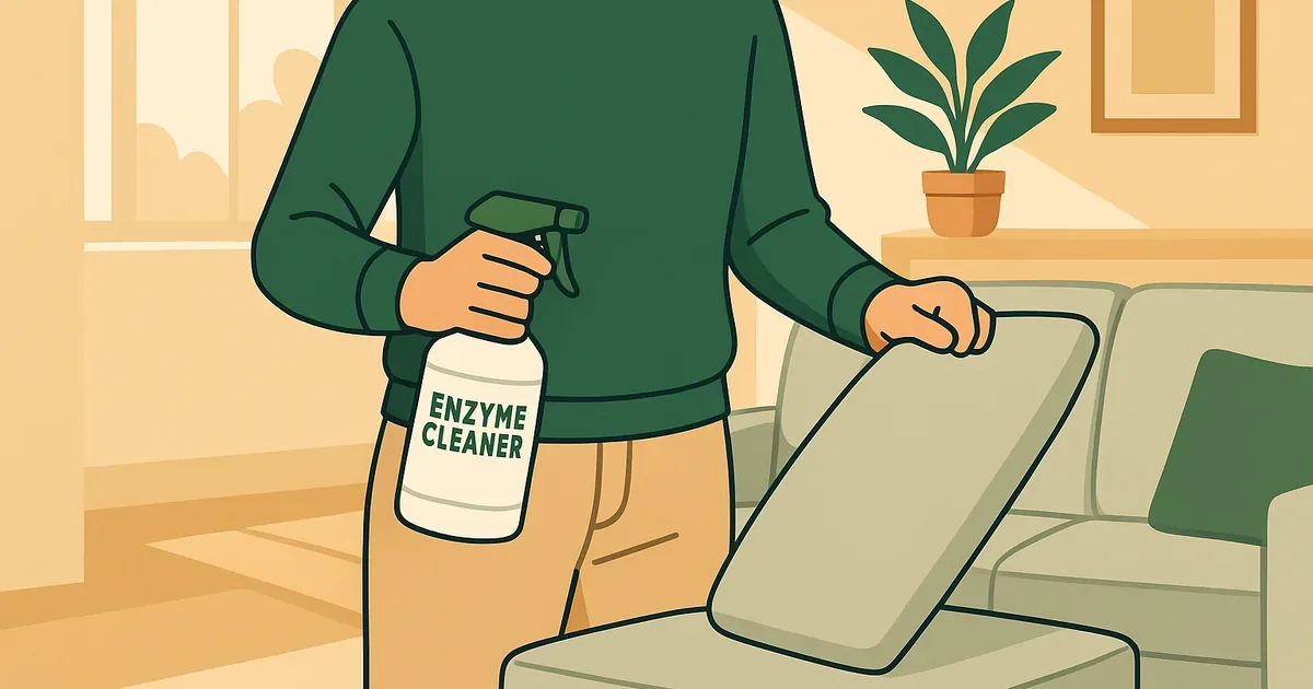 Person treating couch cushion with enzyme cleaner spray in a modern living room