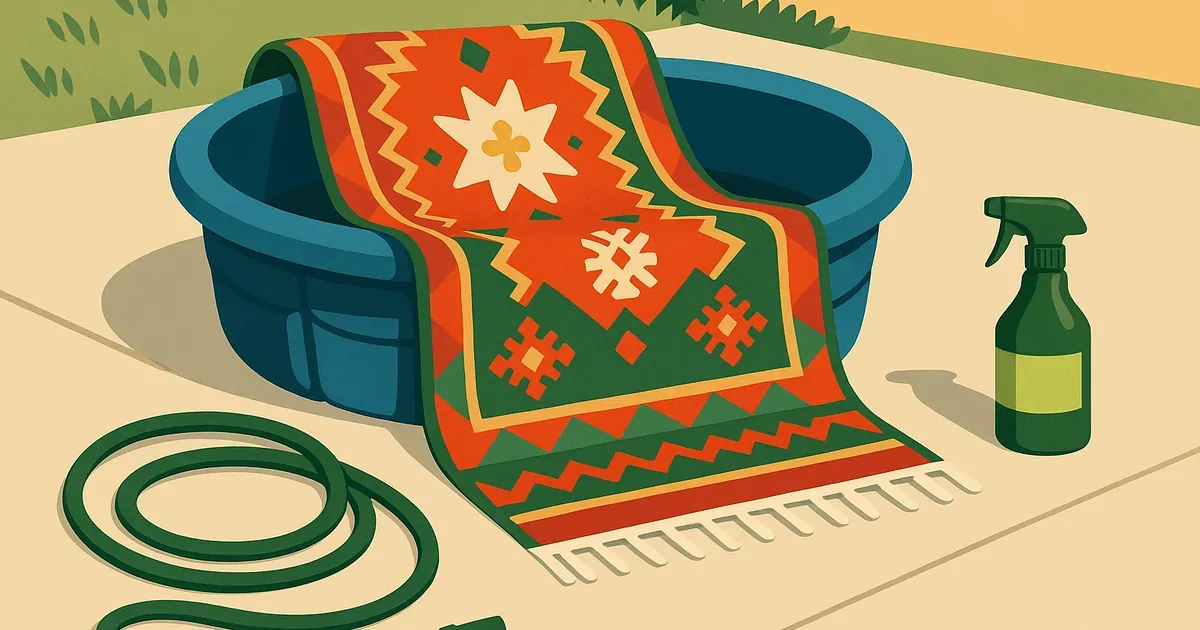 Area rug soaking in a kiddie pool on a driveway for deep enzyme cleaning