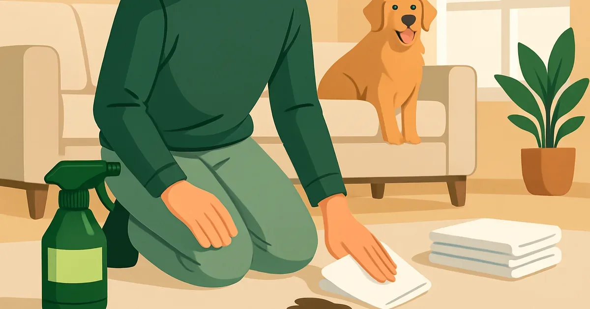 Pet owner blotting a carpet stain with cleaning supplies nearby