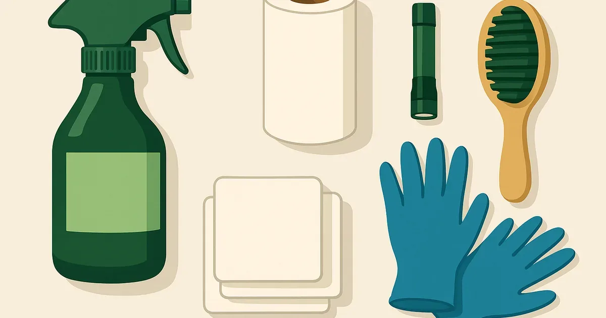 Puppy cleaning kit laid out with enzyme spray, cloths, gloves, and UV light