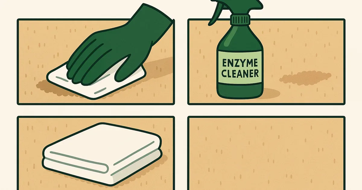 Step-by-step blot, spray, cover, and dry method for puppy accident cleanup