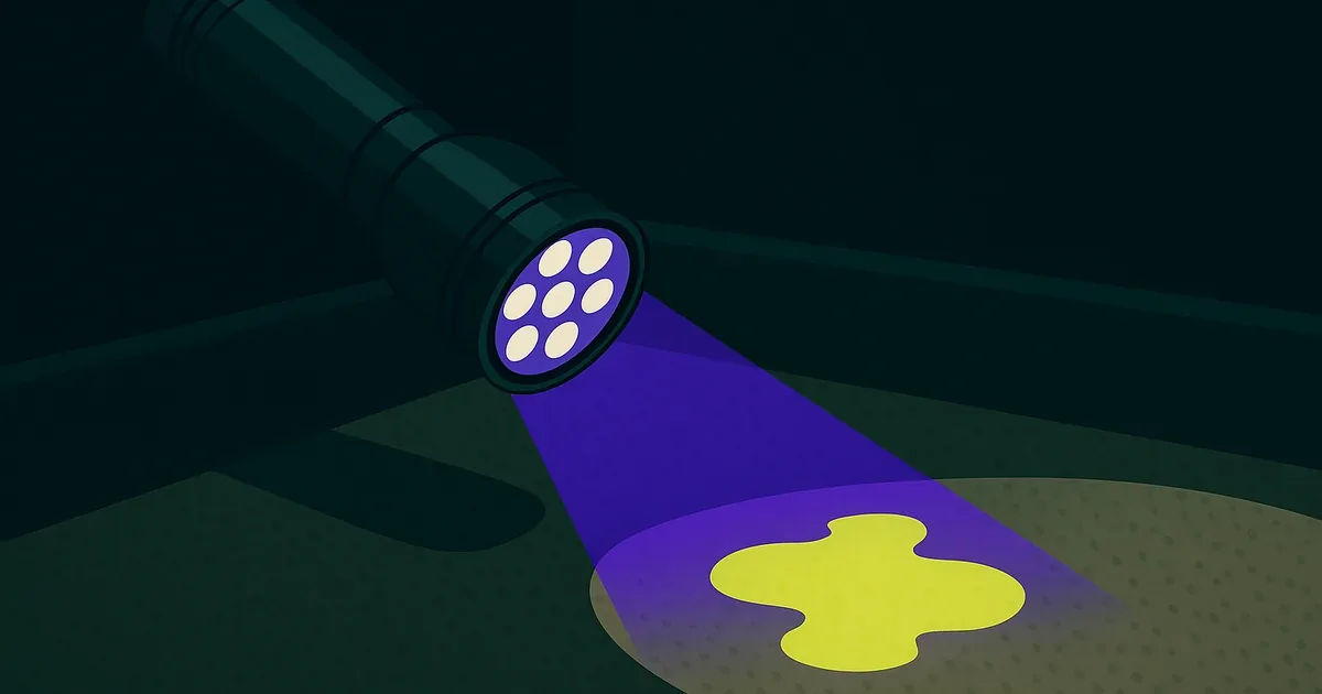 UV blacklight revealing a hidden puppy urine stain on carpet