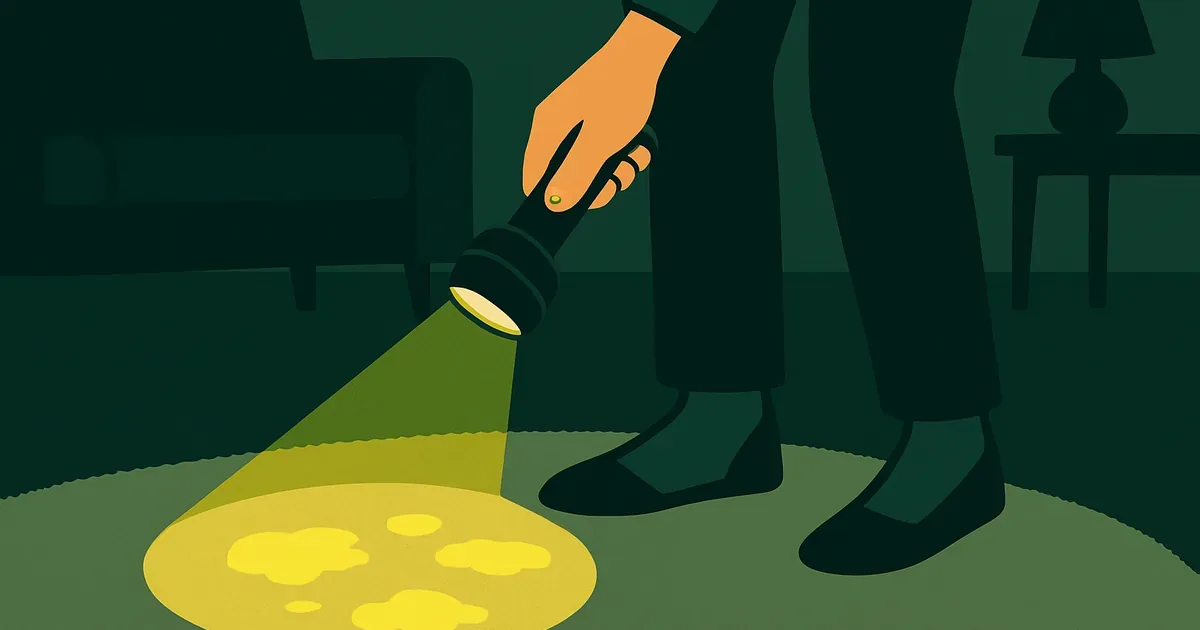 UV flashlight revealing hidden pet urine stains glowing on carpet