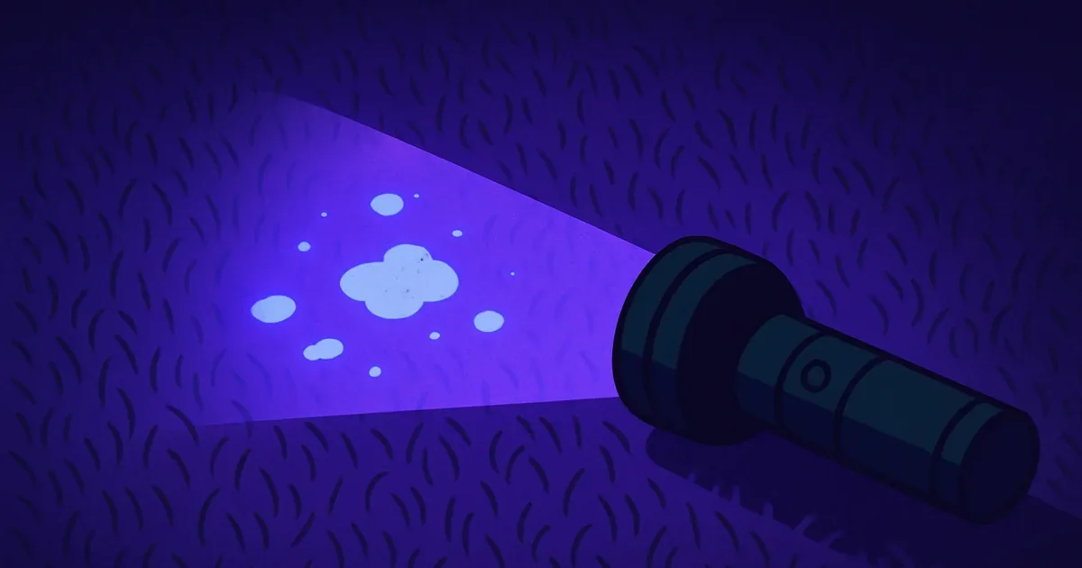 UV blacklight revealing hidden urine spots on carpet fibers in a dark room