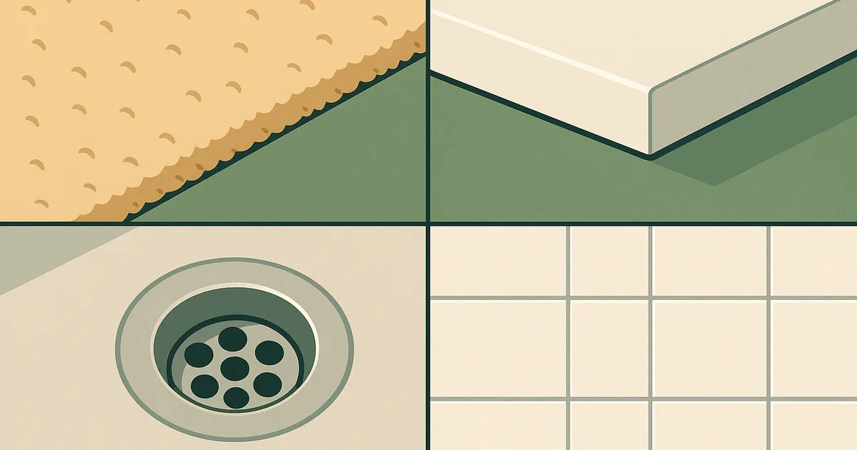 Split image showing carpet, kitchen counter, drain, and bathroom tile surfaces