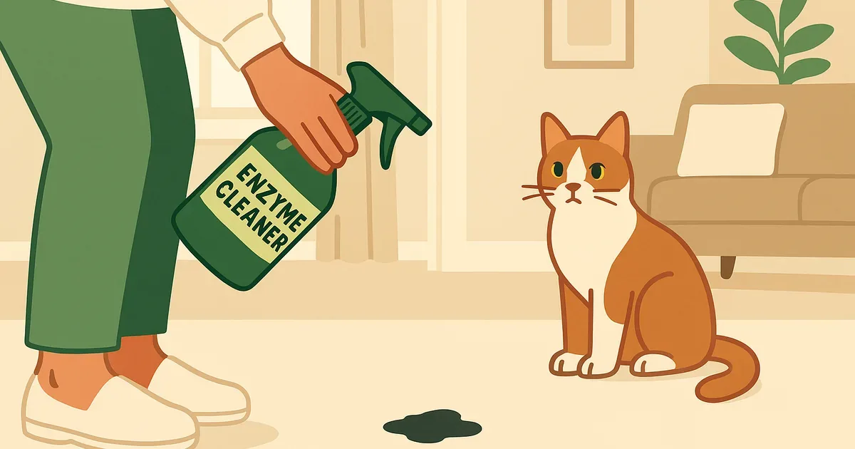 Person treating a pet stain on carpet with an enzyme cleaner spray bottle