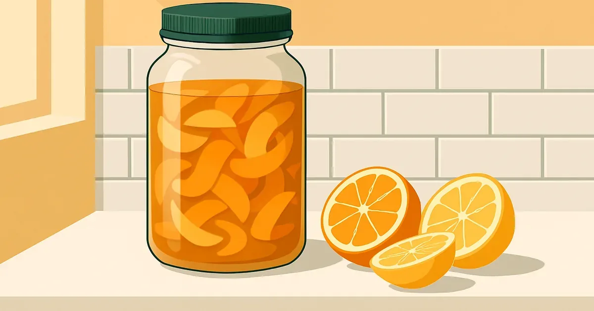 Mason jar of homemade enzyme cleaner with citrus peels on kitchen counter