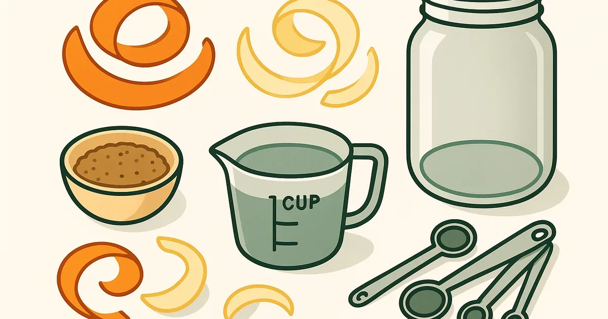 DIY enzyme cleaner ingredients: citrus peels, brown sugar, water, and glass jar