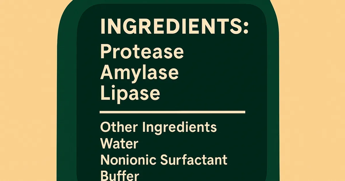 Cleaning product ingredient label showing protease and amylase enzymes