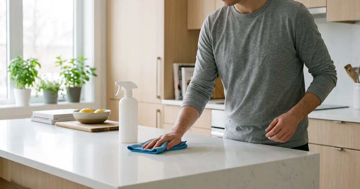 Person wiping a quartz kitchen countertop with a microfiber cloth beside an unlabeled spray bottle