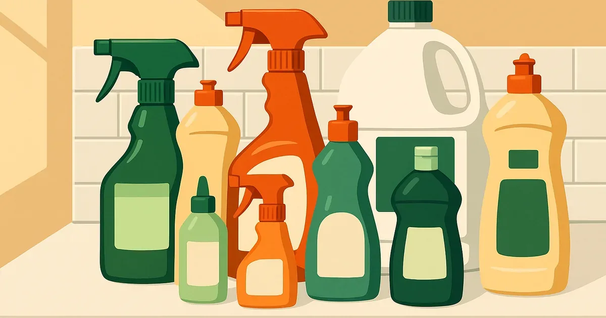 Collection of popular household cleaning products on a kitchen counter